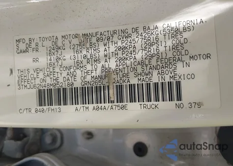 2008 Toyota Tacoma Prerunner V6 from USA, damaged, VIN 3TMJU62N48M052180